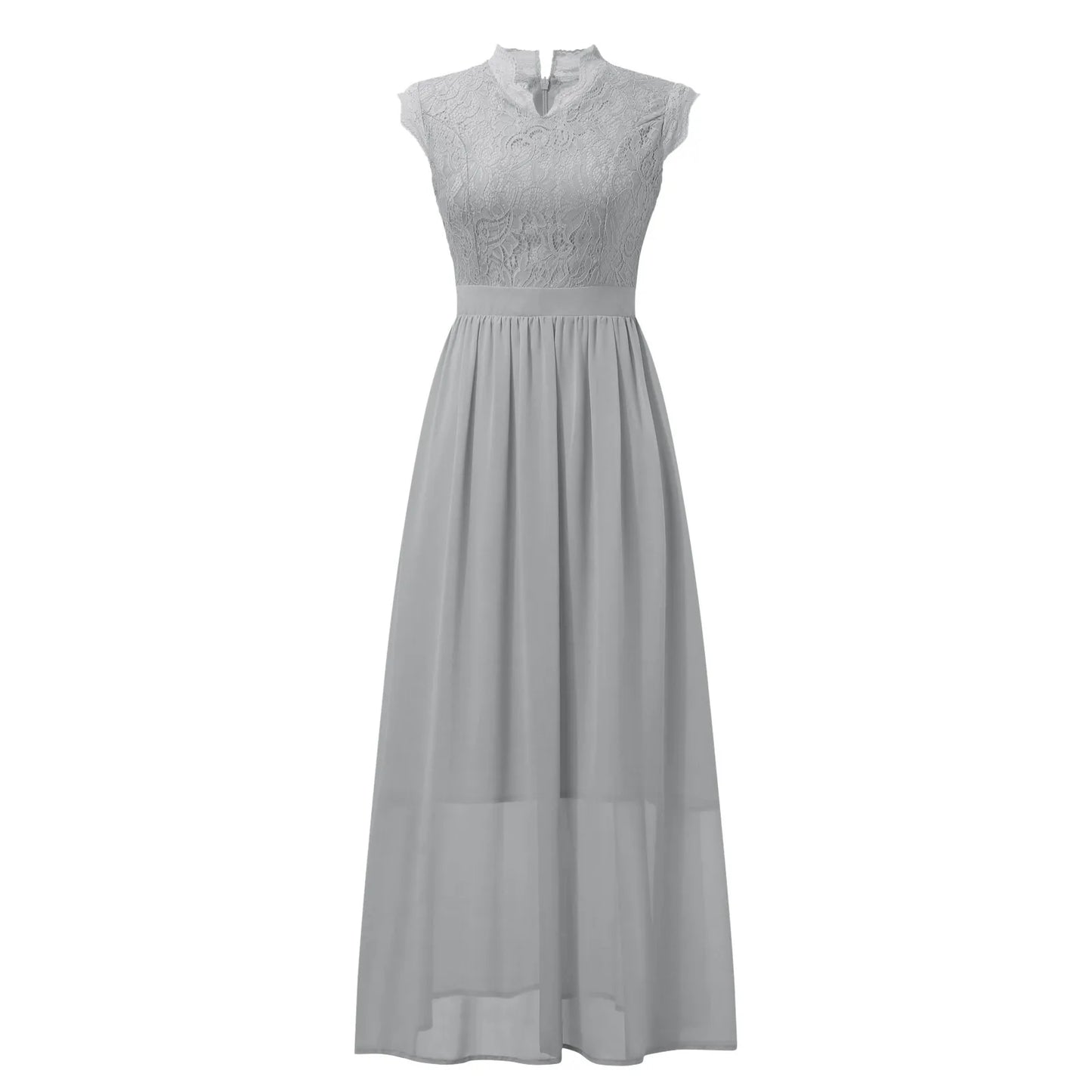 Elegant Women's Party Bridesmaid Long Dress Lace Patchwork Chiffon Sleeveless Wedding V Neck One Piece Formal Party Midi Dress