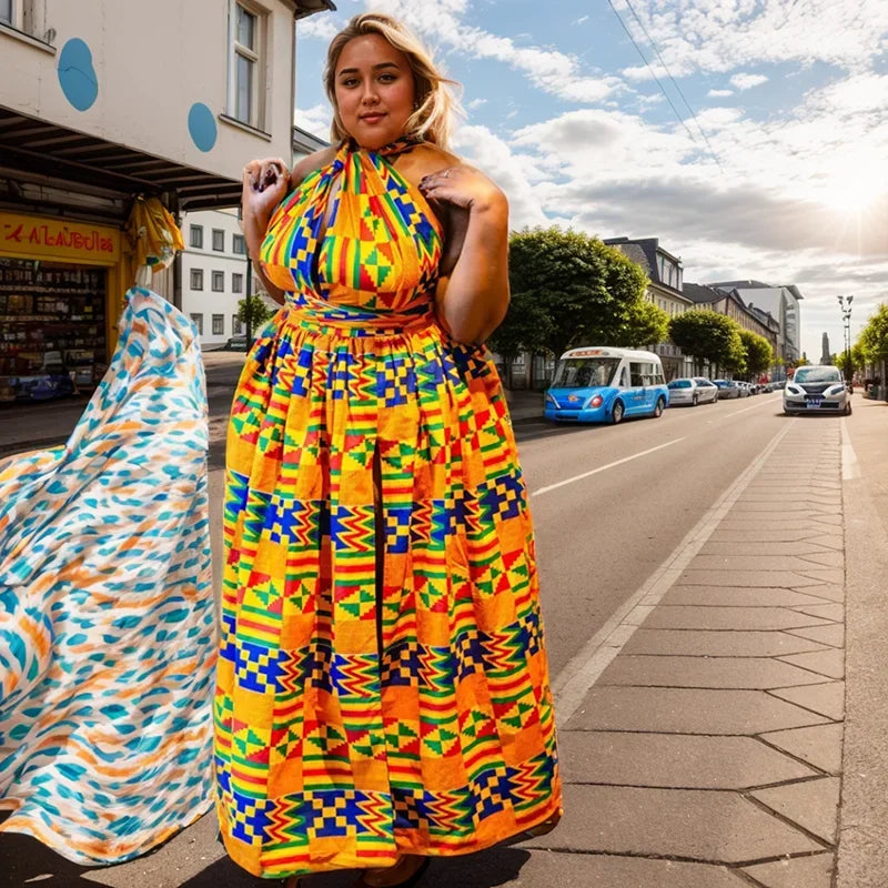 Sexy Sleeveless Dress Women Fashion Off Back African National Print Lady Party Dresses Vintage Casual Long Dress Africa Clothing