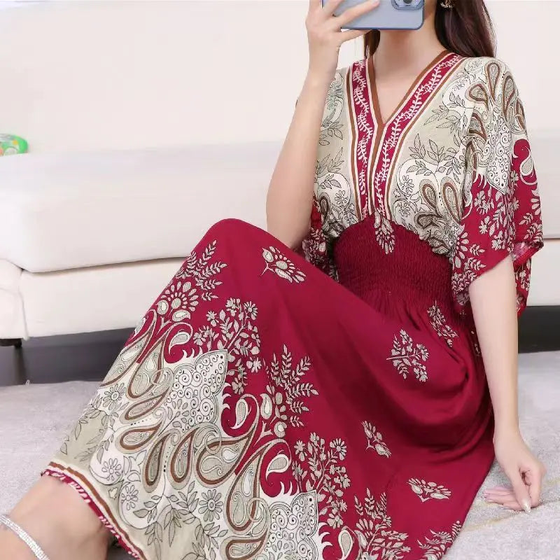 V-neck Large Skirt Hem Casual Sweet Holiday Long Dress Bat Sleeves Elastic Waist Bohemian Print Floral Elegant Dresse For Women