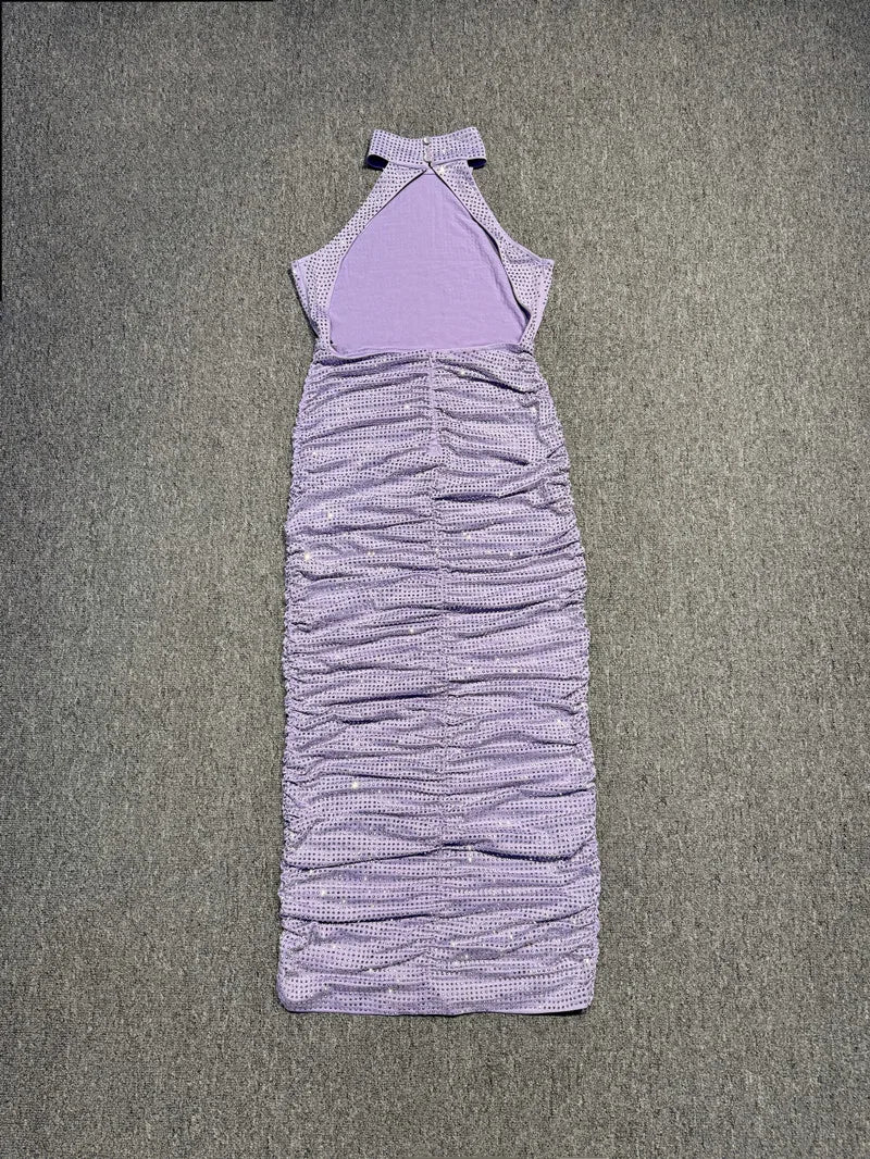 VC Halter Neck Backless Diamonds Long Dress For Women Sleeveless Folds Slim Formal Elegant Celebrity Cocktail Party Gown Vestido