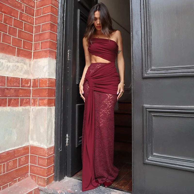 Trendix Sexy Lace Vacation Beach Dress Women 2025 Summer Hollow Out Sleeveless Maxi Dresses Off Shoulder Elegant Slim Long Dress