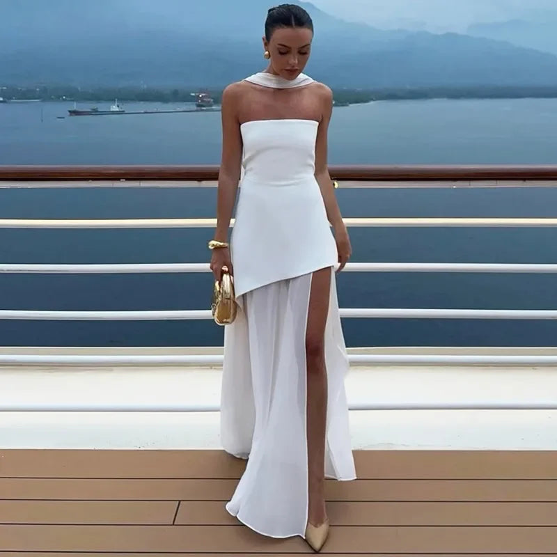 Tuularose Fashion Ribbon Long Dress Women's 2025 Summer White Backless Sleeveless Vacation Dress Elegant Slit Slim Long Dresses