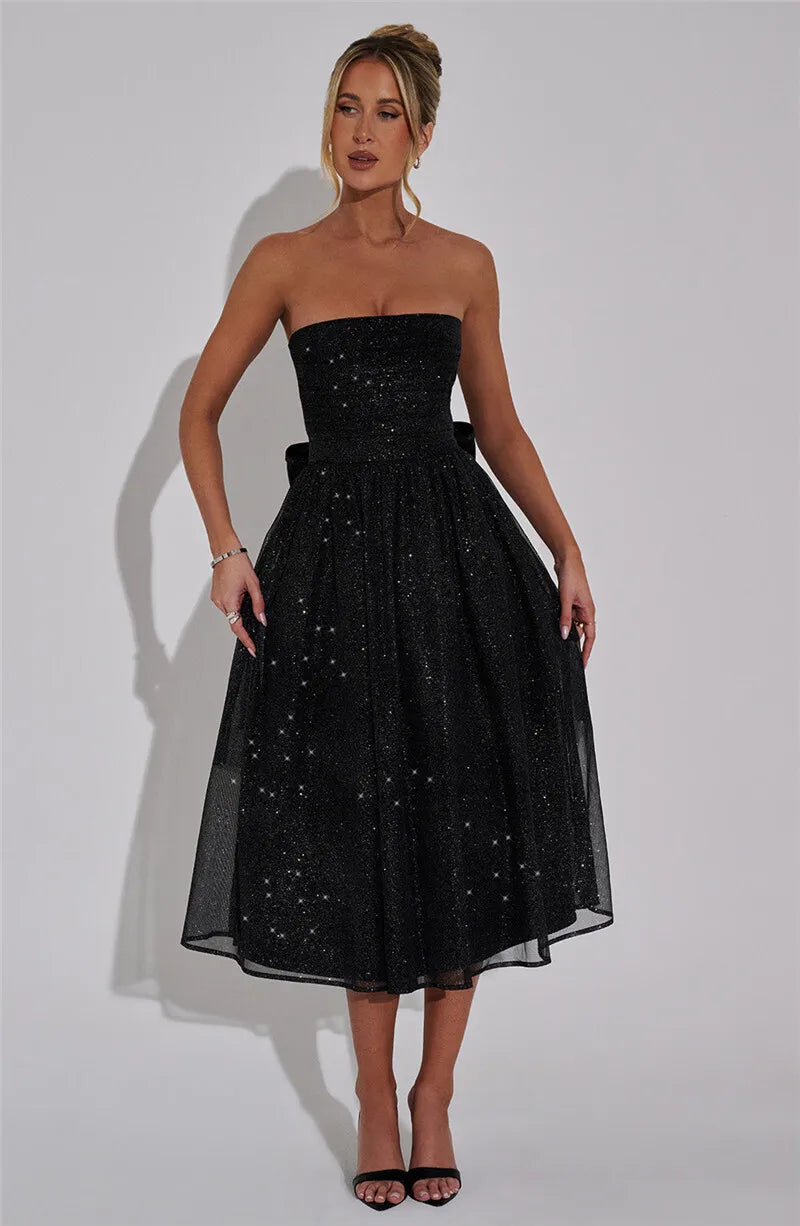 Mozision Off-shoulder Backless Bow Sexy Maxi Dress For Women Strapless Sleeveless A-line Loose Pleated Sexy Long Dress Clubwear