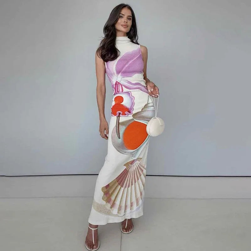 2024 Spring Summer Women long Dress Turtleneck Print Slit Round Neck Sleeveless Slim Fit Maxi Dress Robes Female Party Vestidos