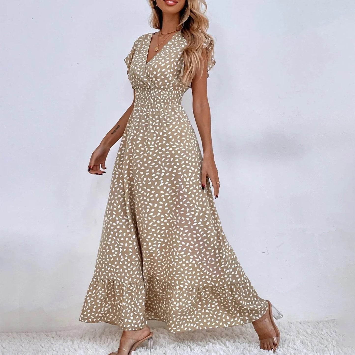 Polka Dot Dress For Women Sexy V-Neck Long Dress Casual And Fashionable Ruffle Edge Short Sleeved High Waisted Dress