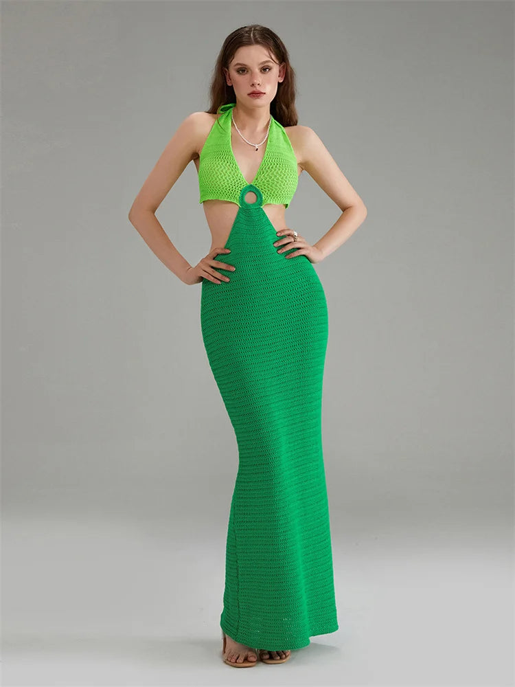 Y2K Cut Out Knitted Long Dress Women Contrast Sleeveless Halter V Neck Backless Dress Summer Bohemian Beach Sexy Dresses Female