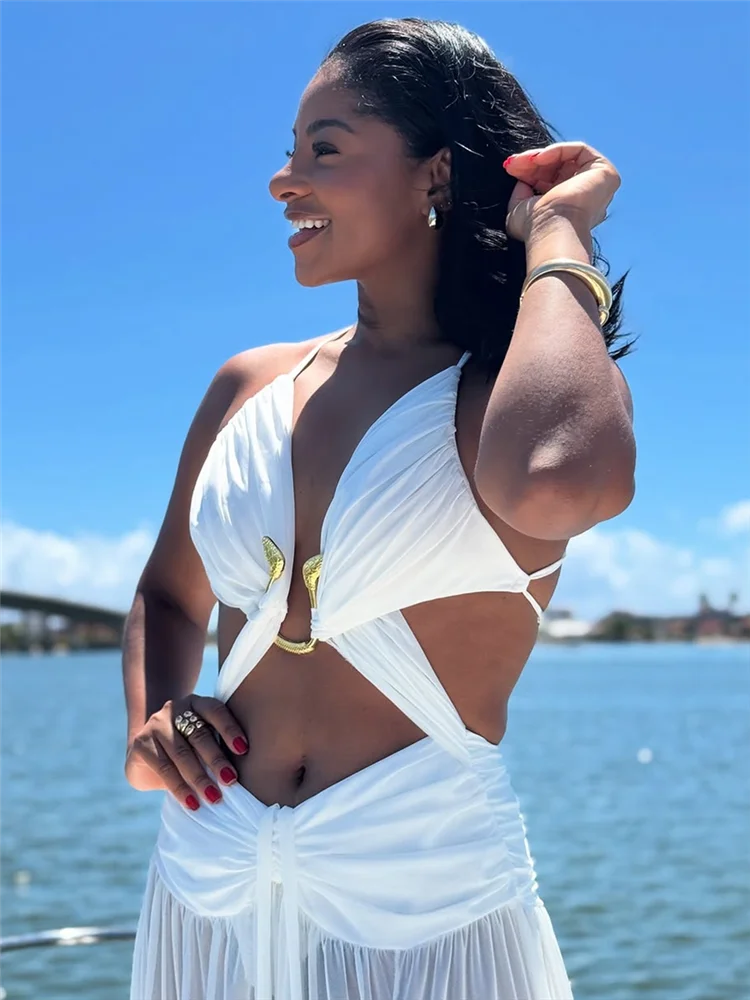 Metal Decorative Halter Long Dress Woman Hollow Out Backless Solid Color Pleated Robe Vacation Beach Women's Perspective Dresses