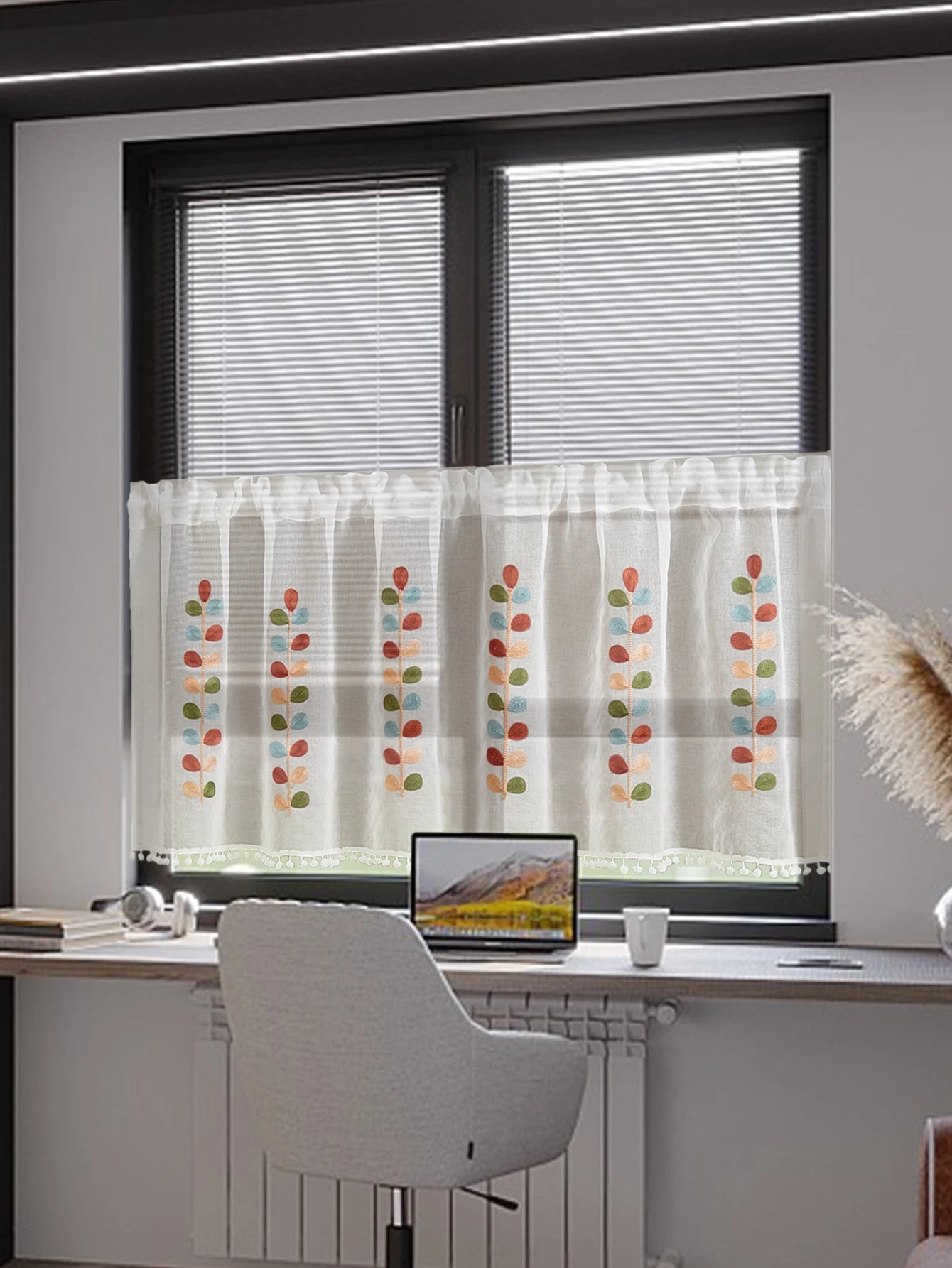 Four color branch Embroidered Semi Sheer Curtain Kitchen Tiers Half Window Sheer Curtains Rod Pocket Voile Drapes for Kitchen Ba