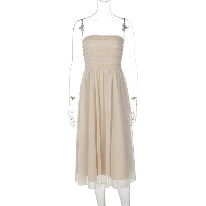 Mozision Off-shoulder Backless Bow Sexy Maxi Dress For Women Strapless Sleeveless A-line Loose Pleated Sexy Long Dress Clubwear