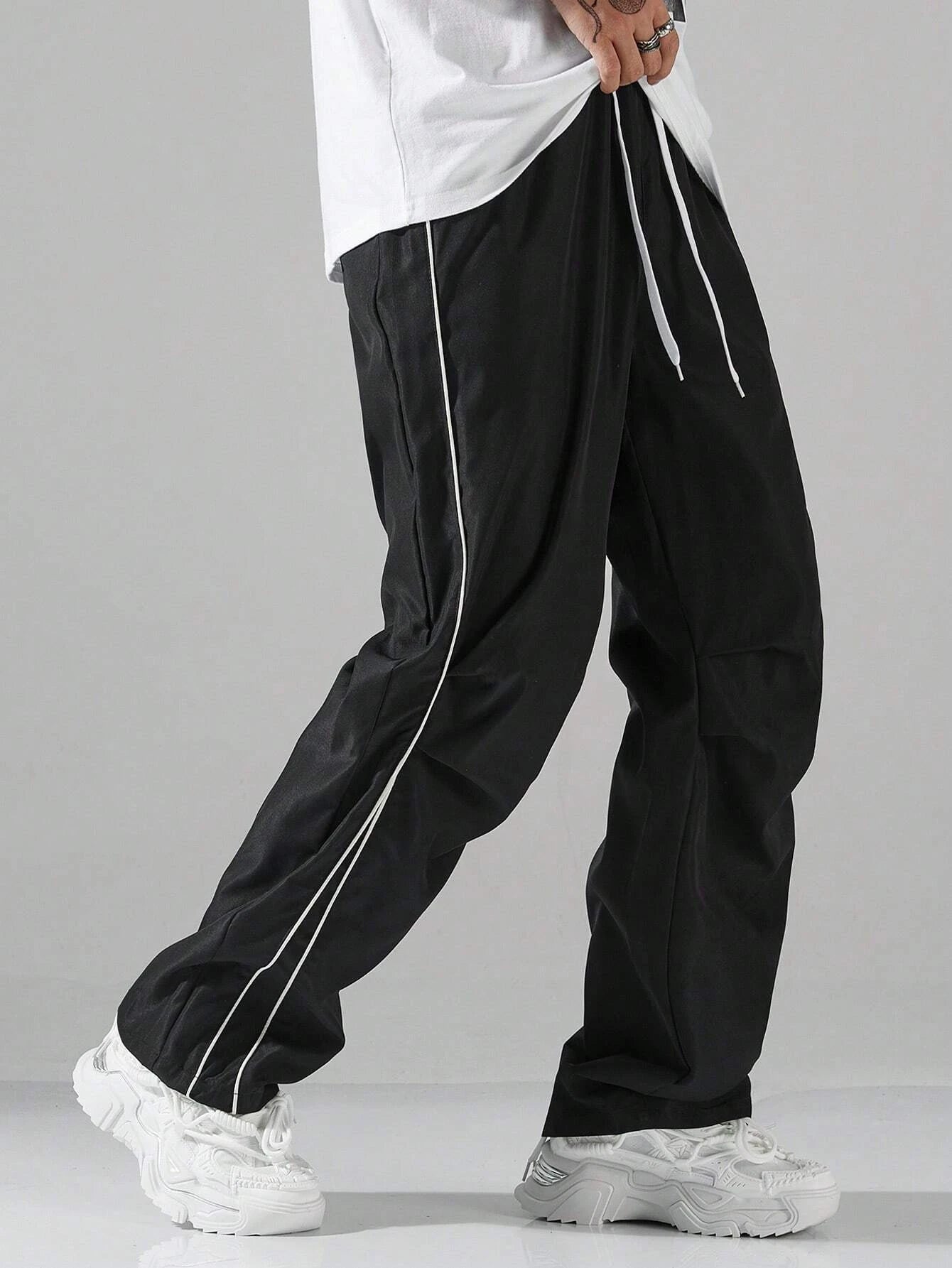 Larbulse Men Contrast Trim Trouser Fashion Casual Pants Solid Color Breathable Loose Straight Drawstring Pants Streetwear