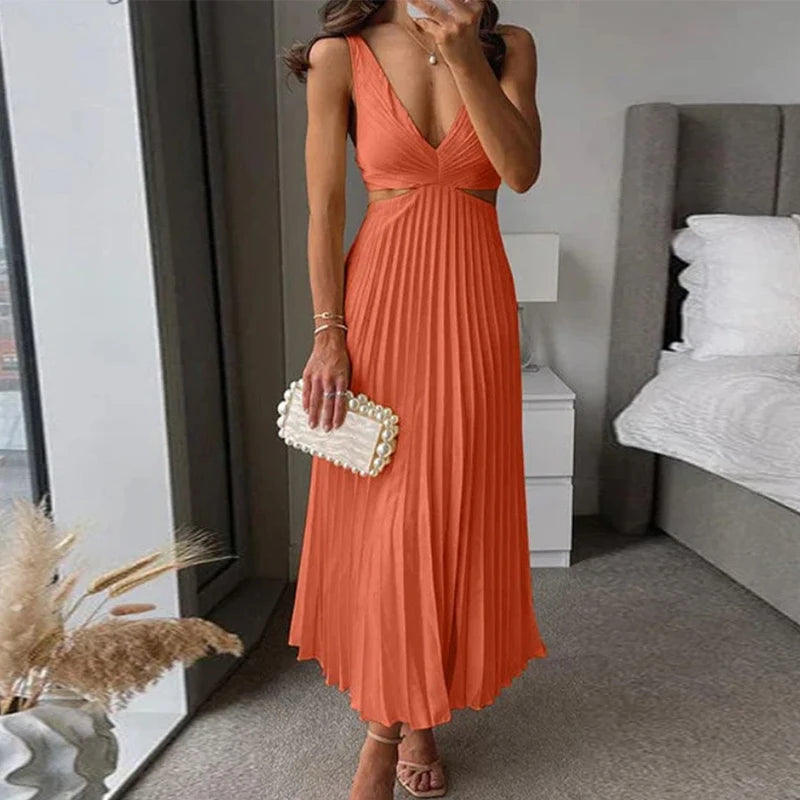 Casual Multi-color Sleeveless Party Dress Elegant High Waist Long Dress for Women Summer Sexy Deep V Hollow Pleated Beach Dress