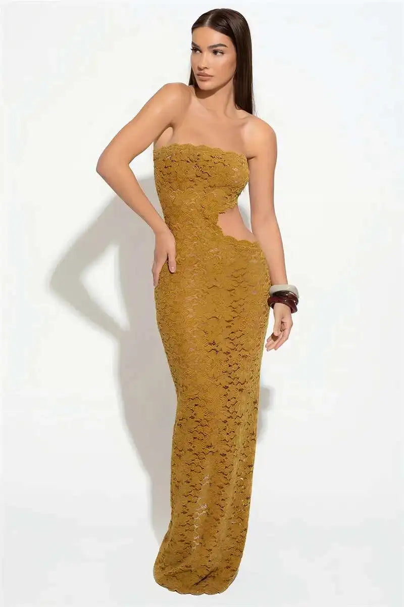 Blifanbo Backless Sexy Off-shoulder Maxi Dress Women Lace Sleeveless Strapless Hollow Out Skinny Club Party Long Dress Elegant