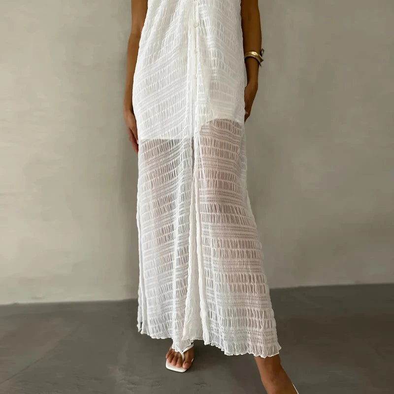 Casual V Neck Button Lace Party Dresses Woman Spring Solid Split Pleated Long Dress Summer Sleeveless Hollow Holiday Beach Dress