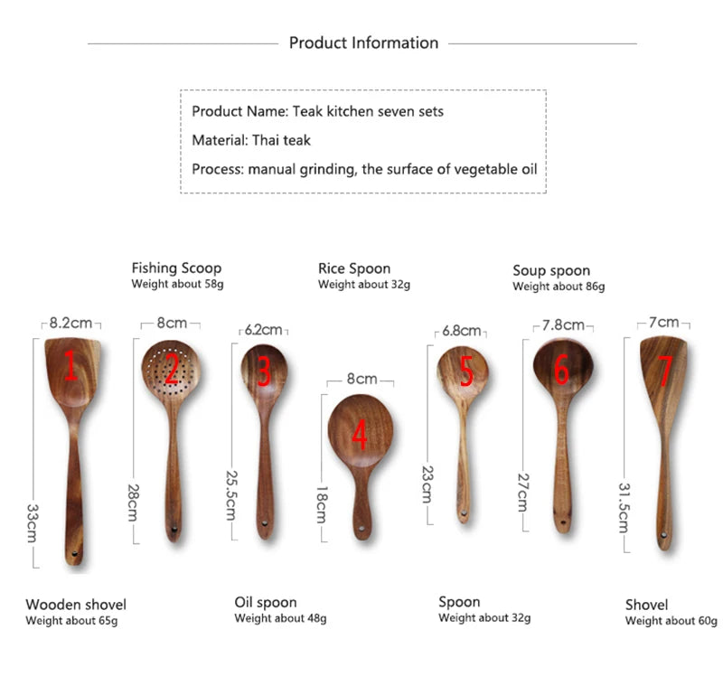 1~9PCS Thailand Teak Natural Wood Tableware Spoon Ladle Turner Long Rice Colander Soup Skimmer Cooking Spoons Scoop Kitchen Tool