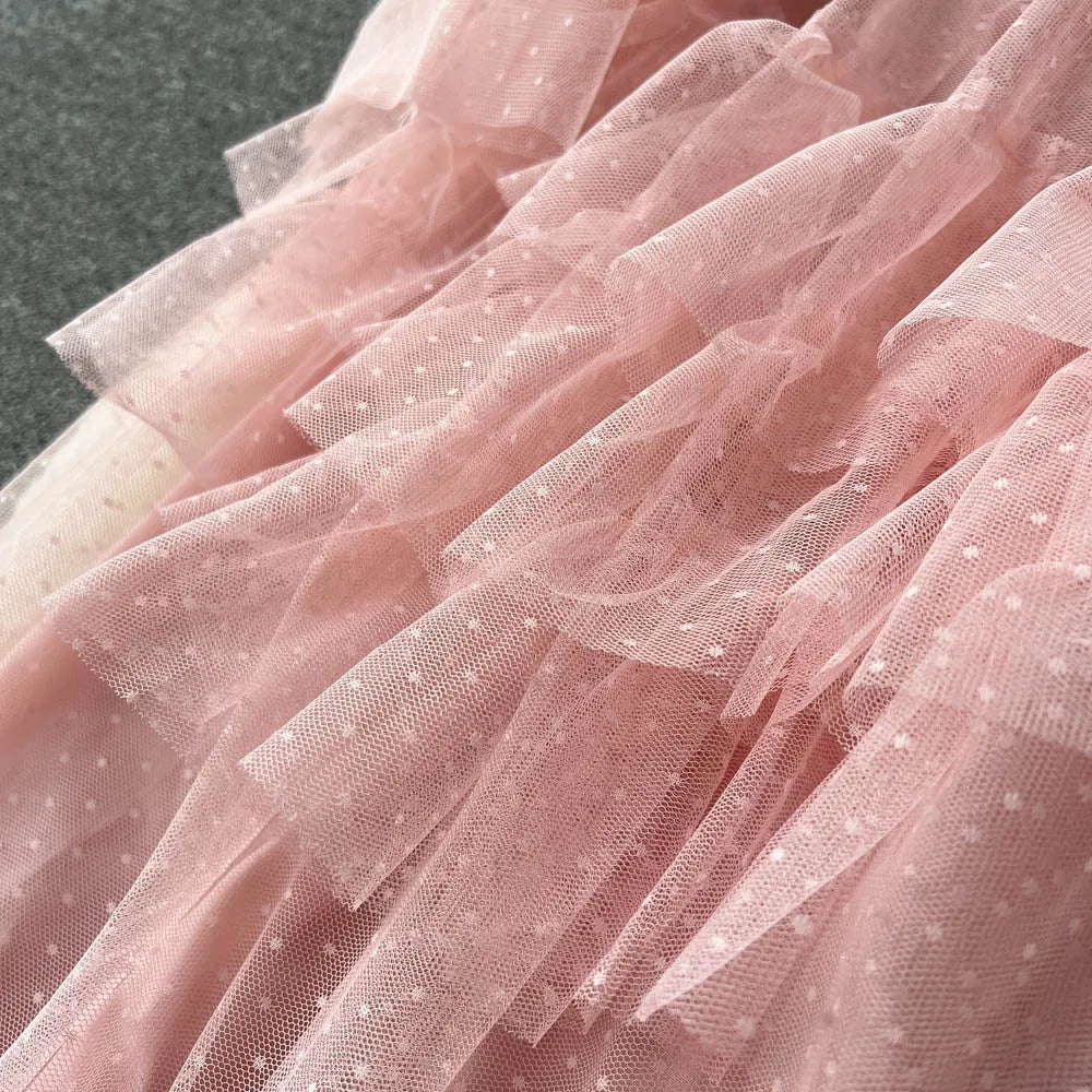 SINGREINY Mesh Party Long Dress Women Ruffle Long Sleeve Slash Neck Elastic Waist French Ladies Summer Elegant A Line Dresses