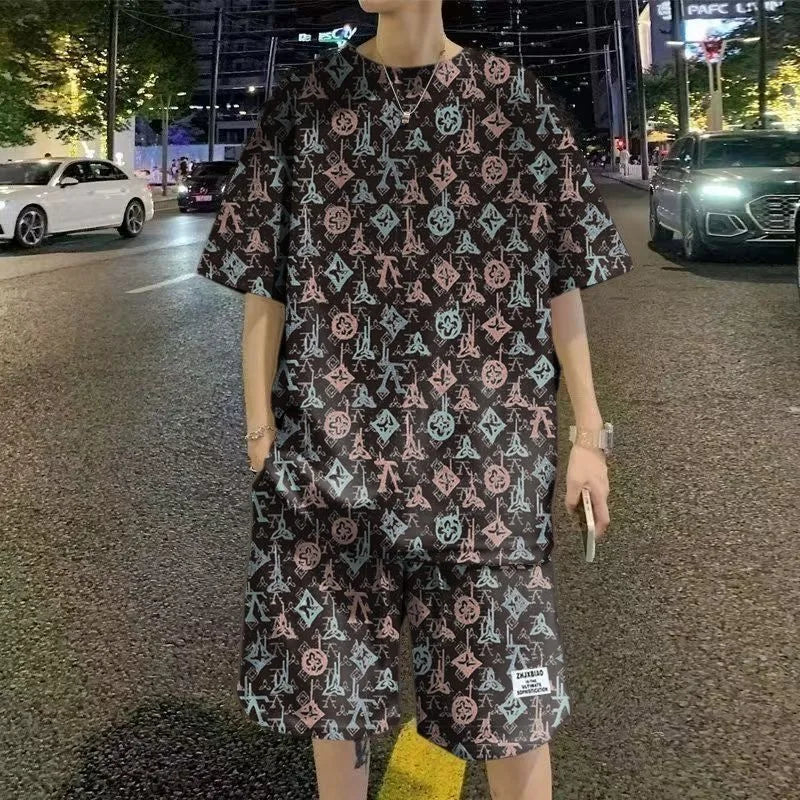 Summer New Fashion Trend Printed Short Sleeve T-shirt Sports Suit Men Loose Comfortable Breathable Plus Size Two-Piece Set 4XL