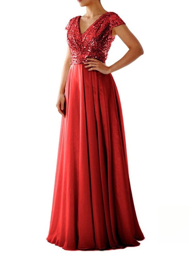 Elegant Sequins Chiffon Dress for Women V Neck Pleated Hem Female Sequins Chiffon Prom Cocktail Long Dress Wedding Evening Dress