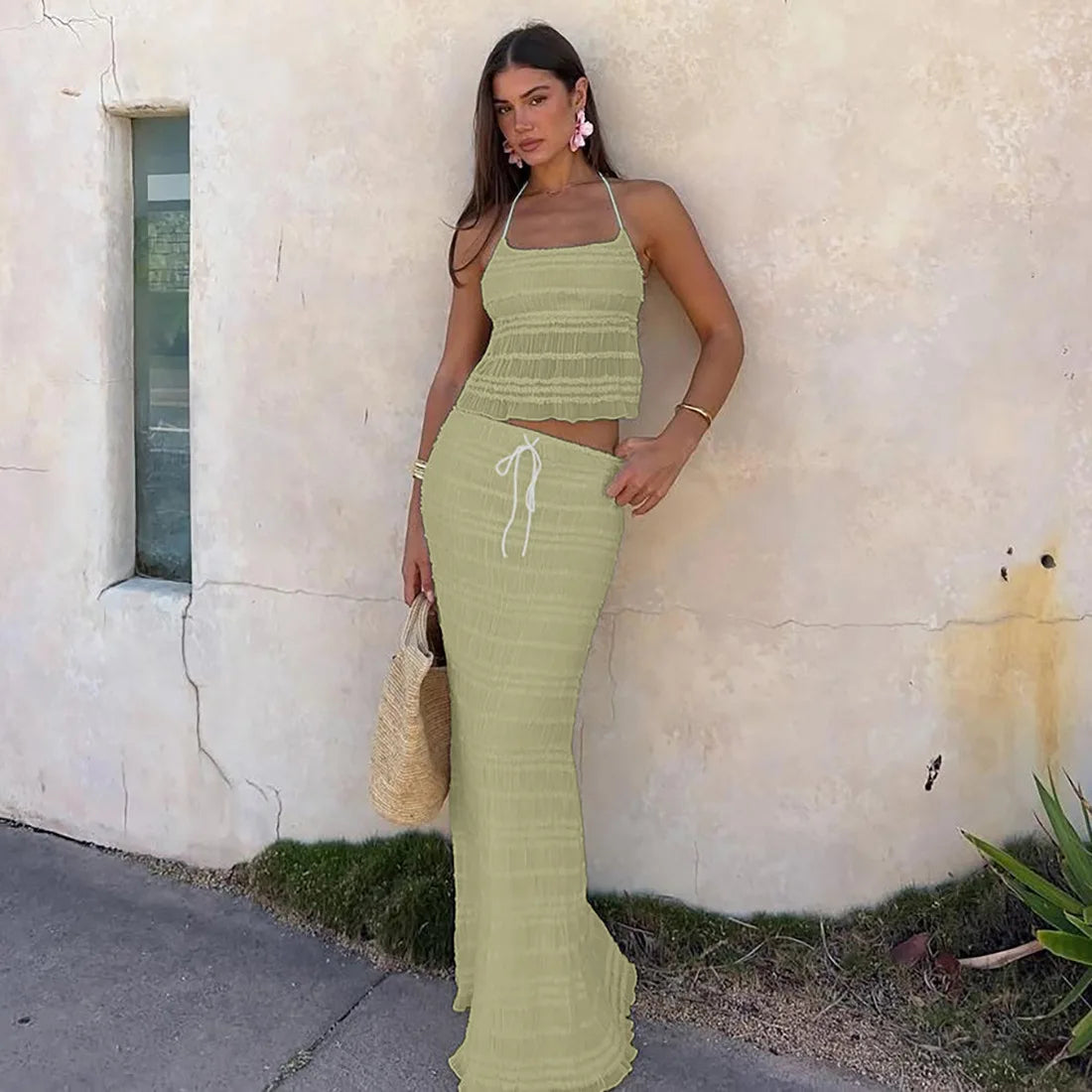 Chaxiaoa Chiffon Lace Sexy Skirt Two Piece Sets Women Halter Crop Tops and Maxi Skirt Ladies Fashion Woman Long Dress Set