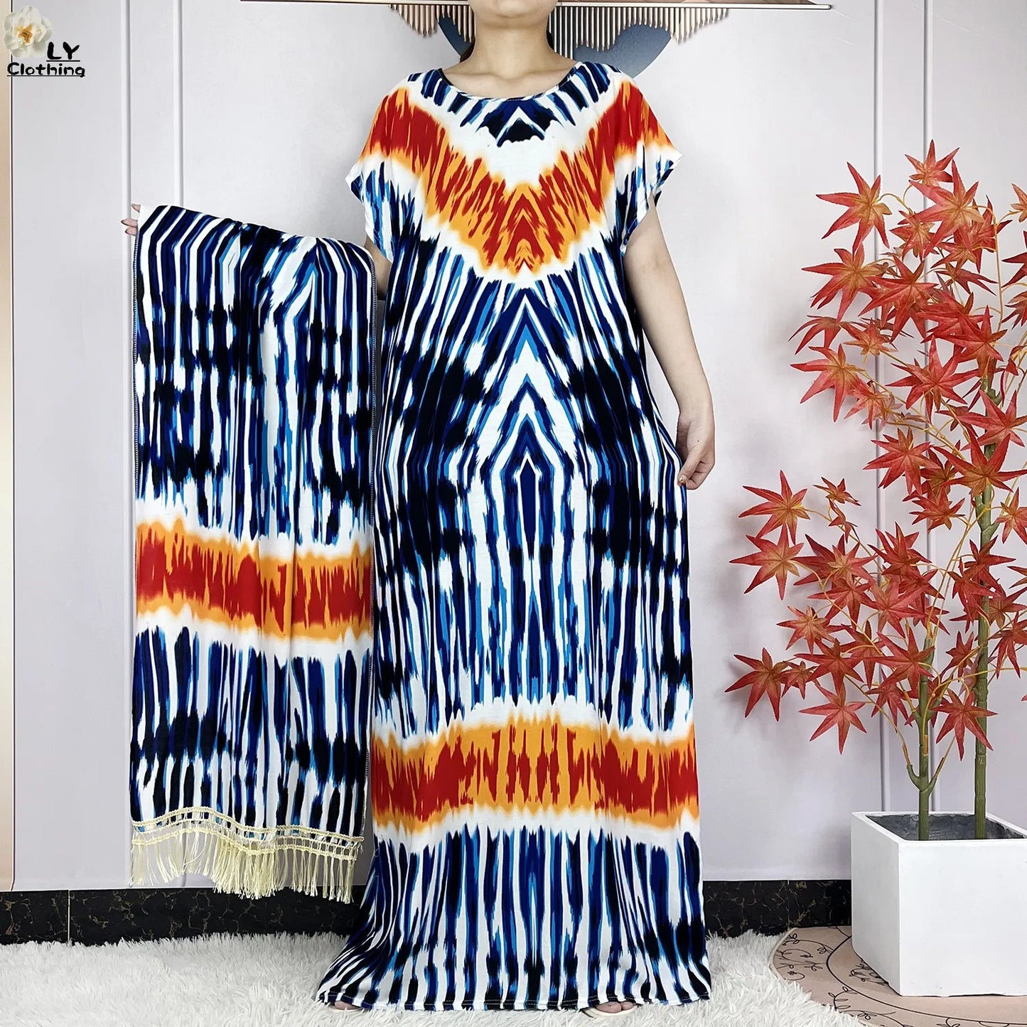 2024 New Style Short Sleeve African Dashiki Tie-dyed Cotton Abaya Caftan Lady Summer Maxi Islam Casual Dresses With Big Scarf