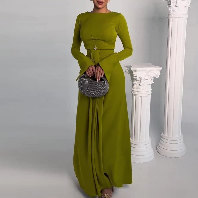 2024 Casual Solid Prom Dress Elegant O Neck High Waist Pleated Commuter Dress New Autumn Fashion Flared Sleeve Split Long Dress