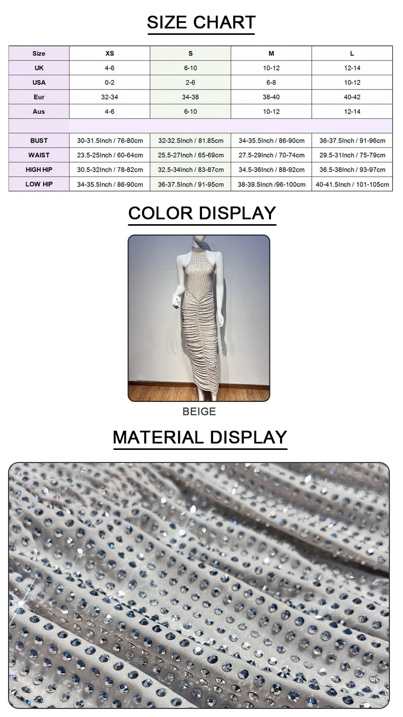 VC Halter Neck Backless Diamonds Long Dress For Women Sleeveless Folds Slim Formal Elegant Celebrity Cocktail Party Gown Vestido