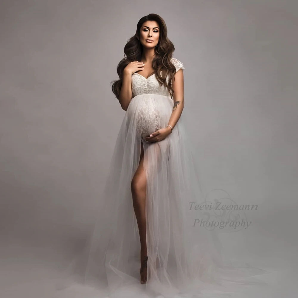 Bohemian Photo Shooting Pregnancy Dress Lace Bodysuit Tulle Long Dress Boho Style Maternity Dresses For Photo Shoot