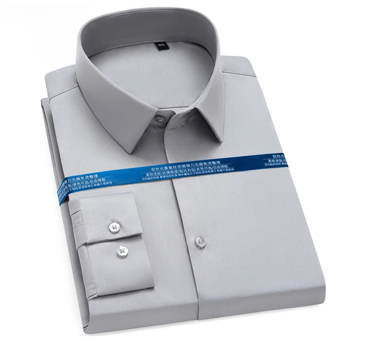 Men's Silk Touch Long Sleeve Non-iron Dress Shirt Without Pocket Stretchy Silky Regular Fit Wrinkle Free Business Casual Shirts