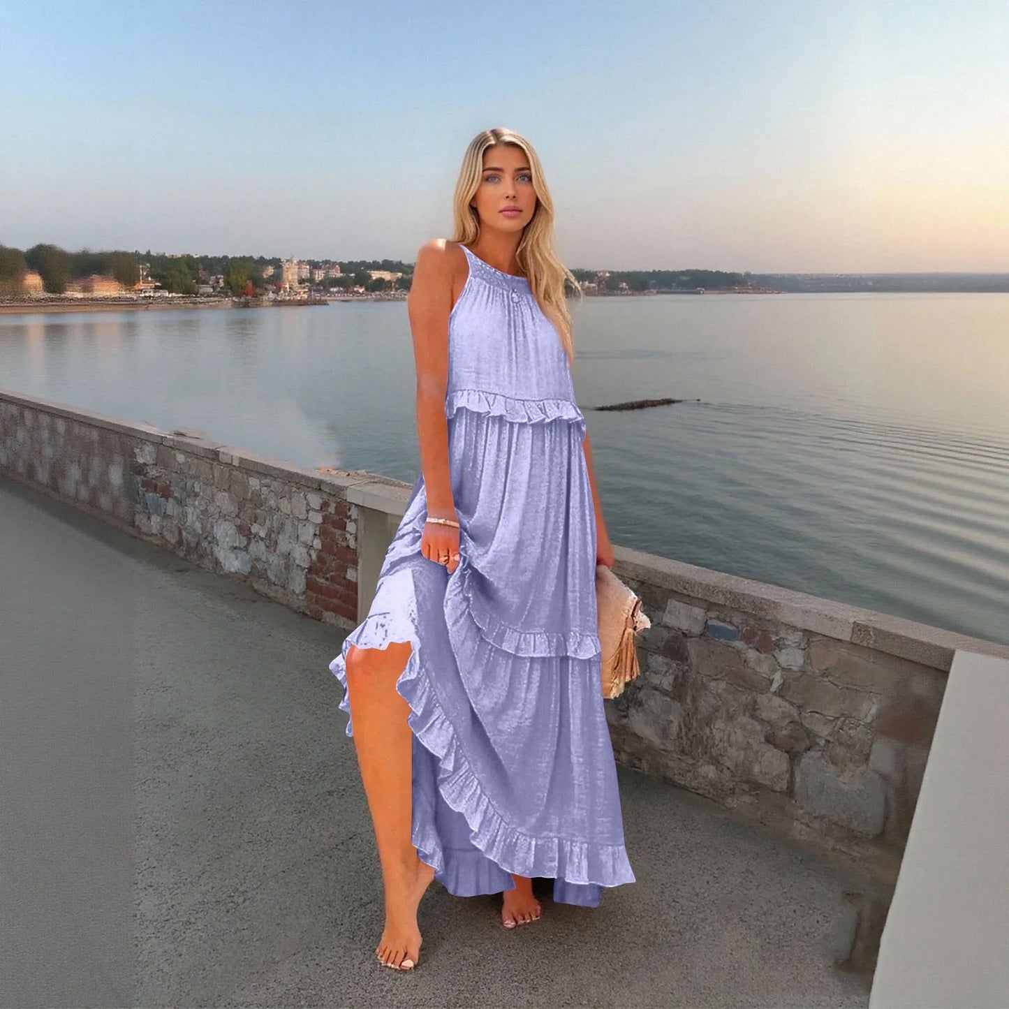 Women's Ruffled hem layered long dresses Summer Sleeveless backless dress Fashion Long Dress Big Swing Beach Dress vestidos