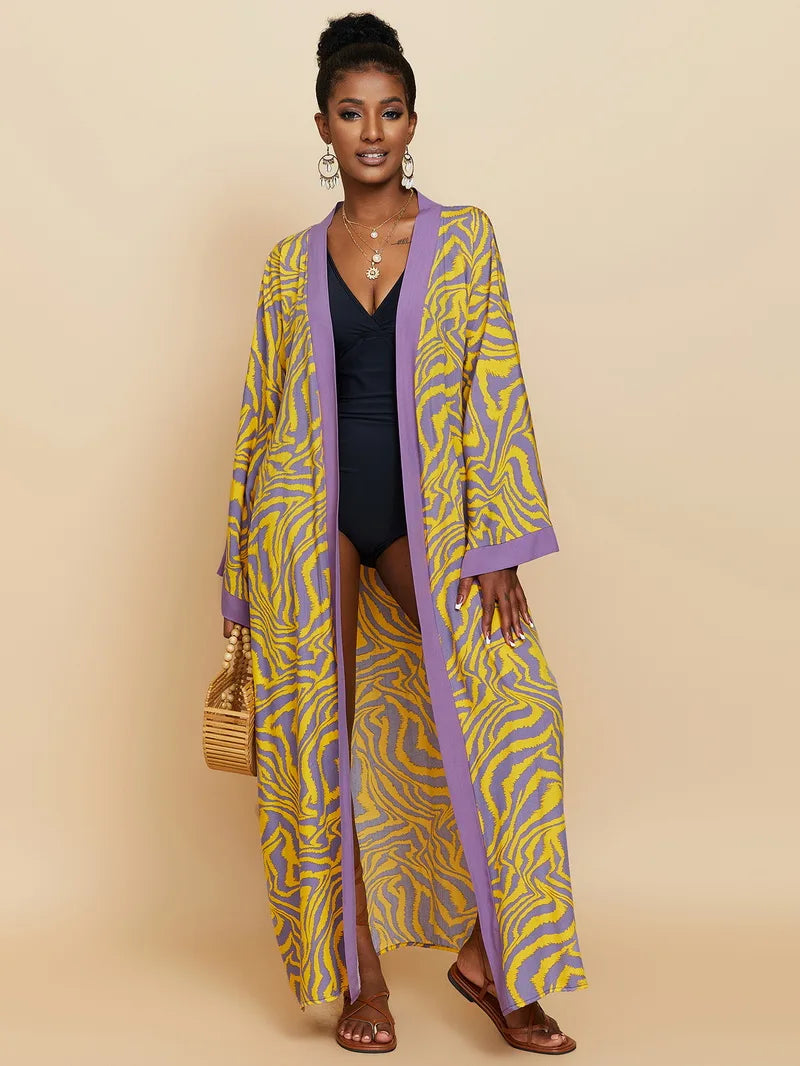 Para Praia Kimono Beach Robe Swimsuit Cover Ups Beachwear Long Flared Sleeve Dress Sarong Women Loose Cardigan Bikini Covers
