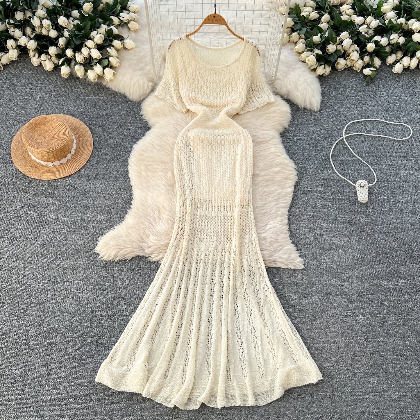SINGREINY Vacation Style Casual Dress Suits Solid Strap Short Sundress+Knitting Hollow Out Long Dress Korean Women Beach Sets