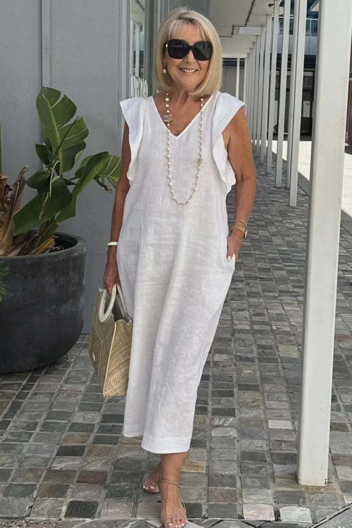 Summer Cotton And Linen Dress For Women Fashion Flying Sleeves Strappy Back Solid Color Loose Long Dress Elegant Robe Femme