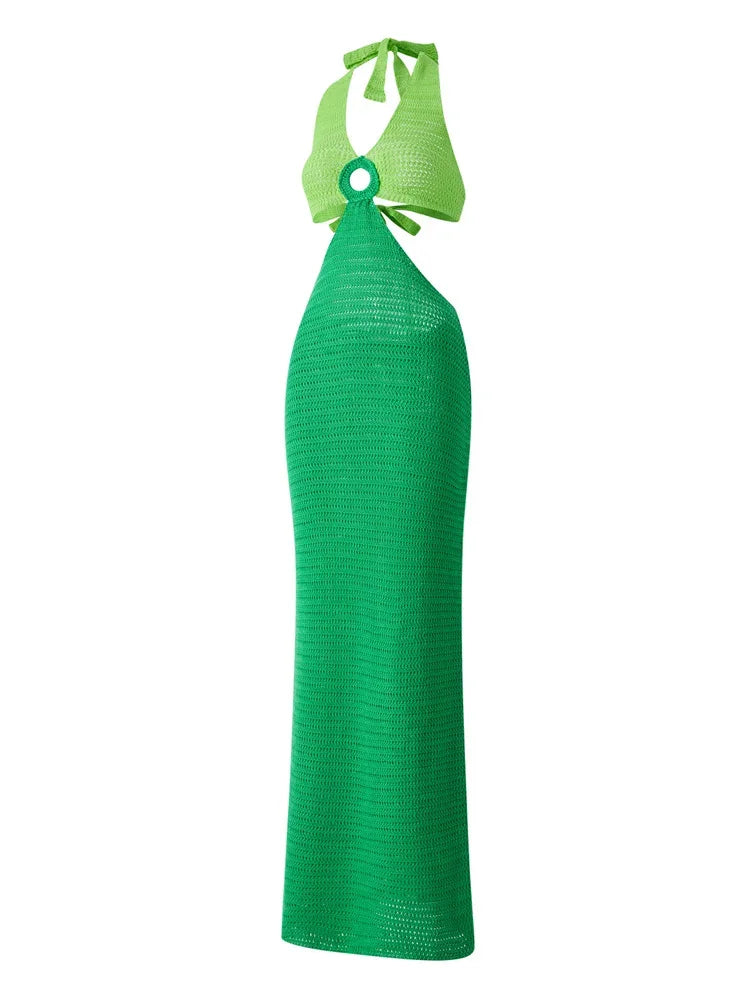 Y2K Cut Out Knitted Long Dress Women Contrast Sleeveless Halter V Neck Backless Dress Summer Bohemian Beach Sexy Dresses Female