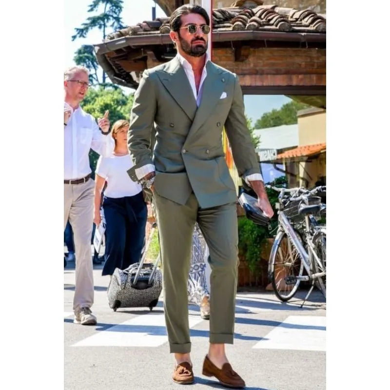 Men's Suit Two-piece Solid Color Double Breasted Fashion Spike Lapel Slim Fit Cropped Pants Casual Business Party Suits 2023
