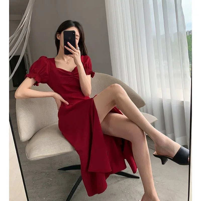 Sweet Vintage French Style Women's Long Dress Summer Hot Sale Of The Season New Bubble Sleeve Square Collar A- Line Split Skirt