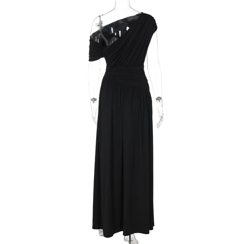 Mozision Incline Shoulder Backless Sexy Maxi Dress Women Summer New Fashion Sleeveless Pleated Ruched Club Party Long Dress