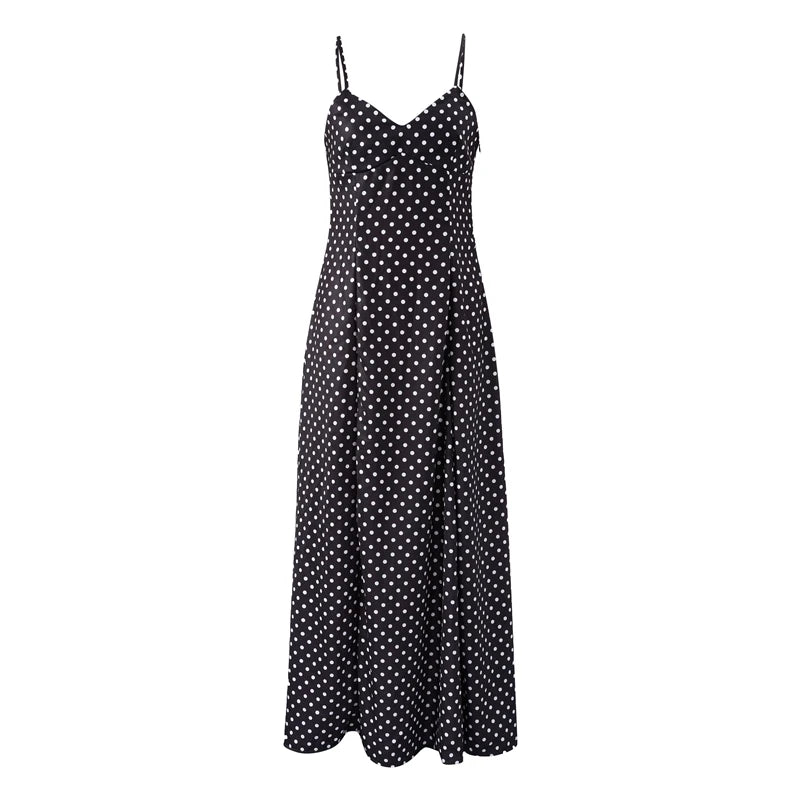 Dot Print Strapless Long Dress Women Retro V-neck Sleeveless Backless High Waist Dresses Female 2025 Spring New Lady Party Robes