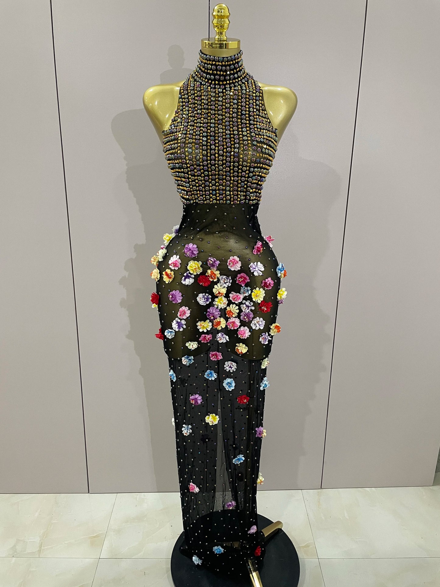 Sparkly Rhinestones Flowers Sexy See Through Long Dress 2025Women Birthday Celebrate Wedding Evening Prom Dress Photo Shoot Wear