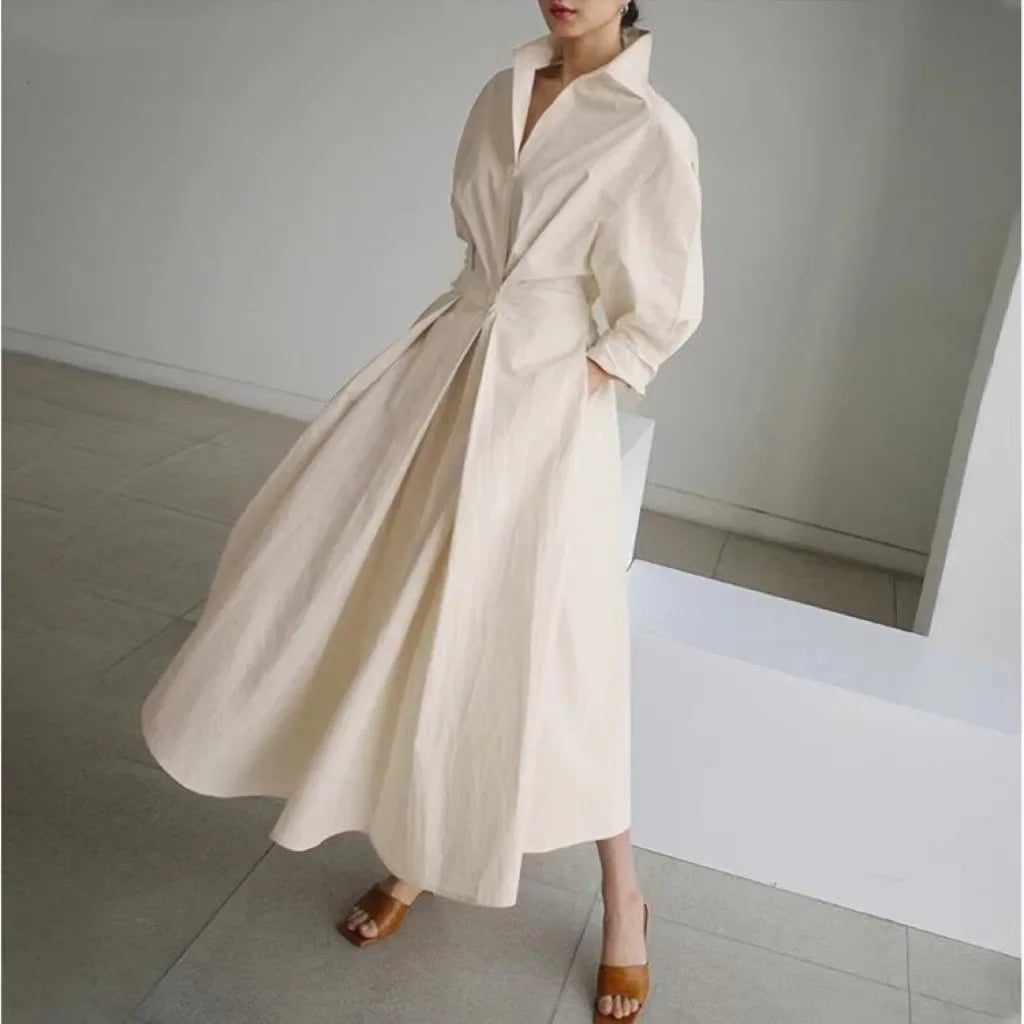 Spring Dress Long Sleeve Solid Color Cotton Linen Elegant Maxi Dresses For Women 2024 Casual V Neck Shirt Party Long Dress Robe