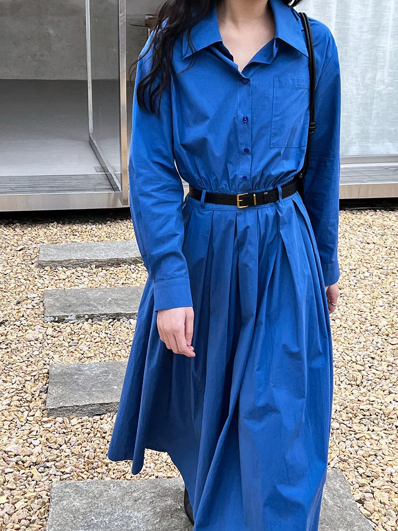 Polo‘s Collar Shirt Dress Women Spring Slimming Long Dress With A Cinched Waist Blue / Pink