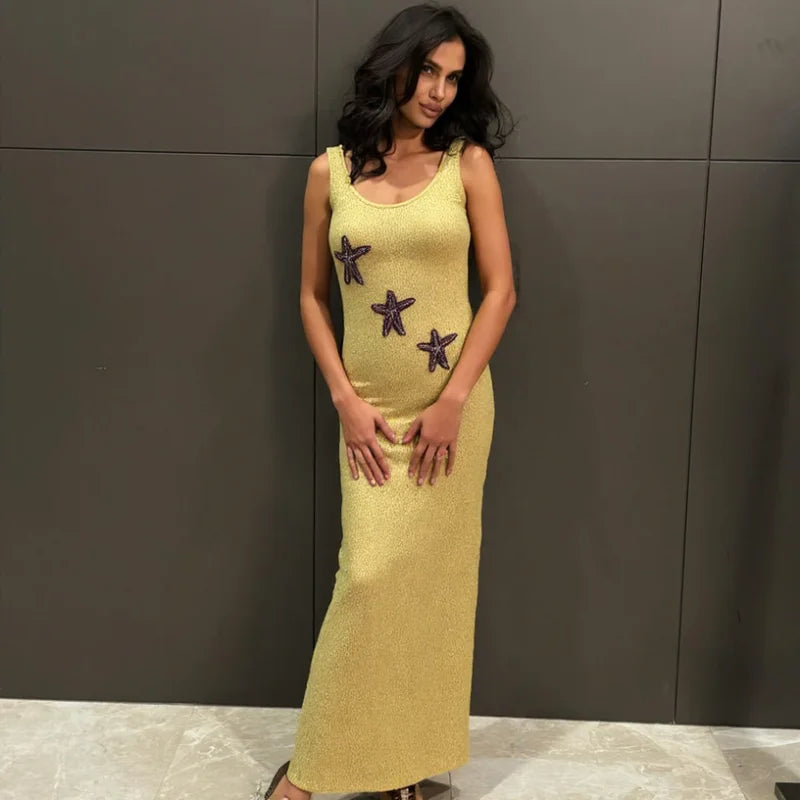 Star Pattern Knitted Sequins Long Dress Women Sleeveless O-neck Solid 2025 Summer Fashion Slim Dresses Vacation Party Vestidos