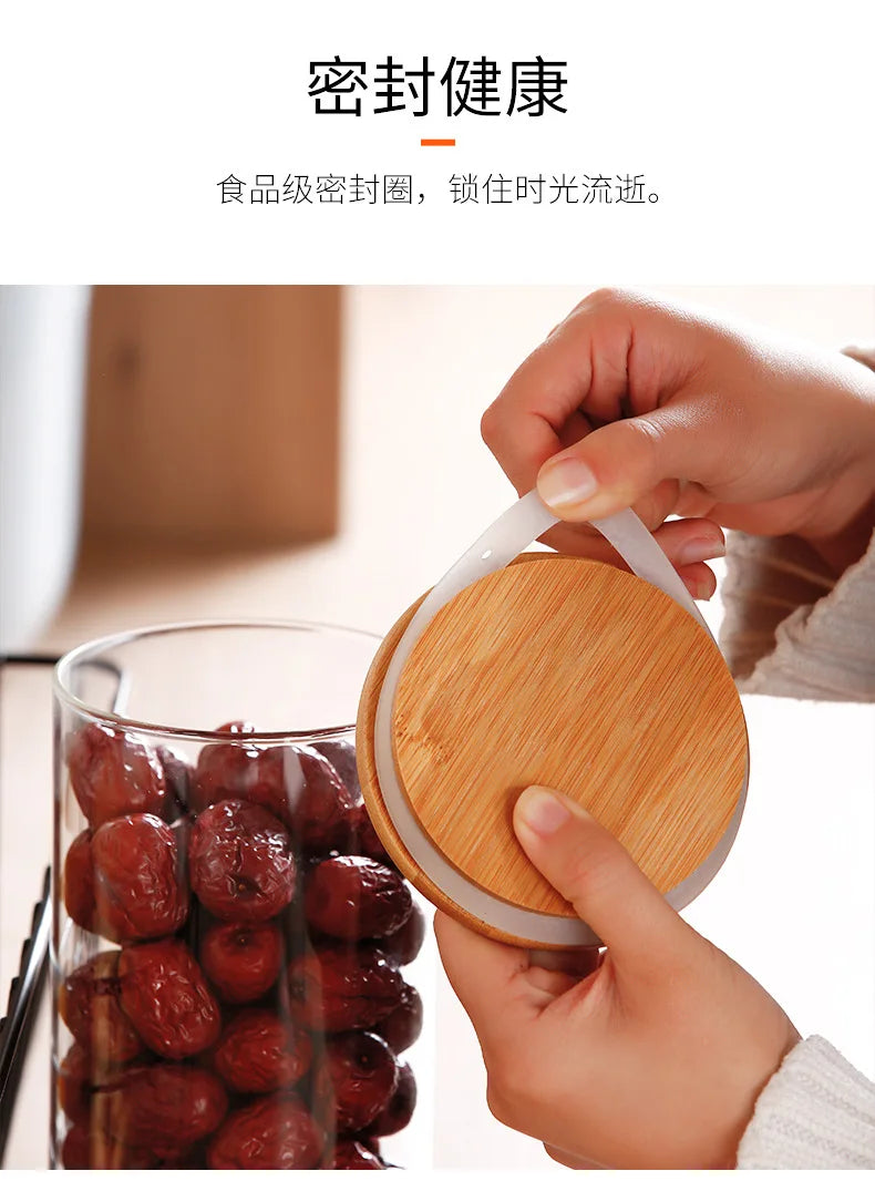 Kitchen Storage Tank Food Container Bambo Covered High Borosilicate Food Sealed Glass Tank Kitchen Miscellaneous Grain Organizer