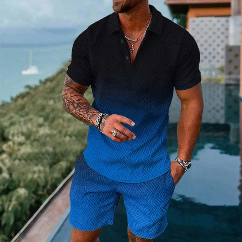 Solid Color Gradient Print Men's Sweatsuit Set Summer Casual Zipper Polo Shirt And Shorts 2pcs Sets Trend Man Pullover Clothing