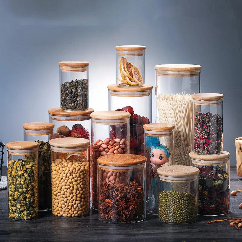 Kitchen Storage Tank Food Container Bambo Covered High Borosilicate Food Sealed Glass Tank Kitchen Miscellaneous Grain Organizer