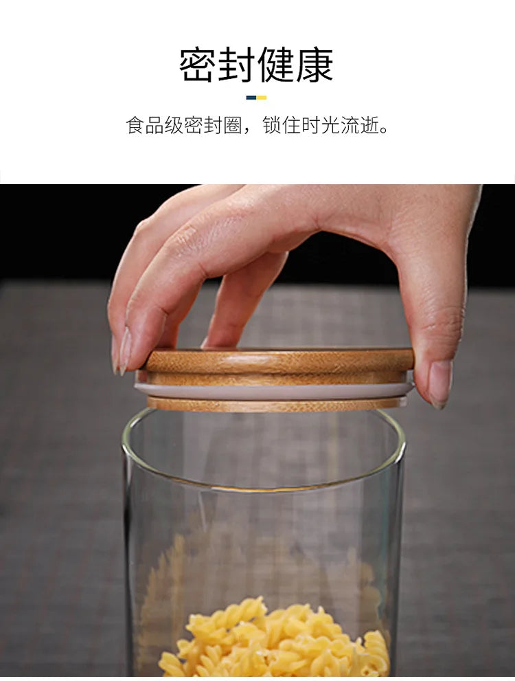 Kitchen Storage Tank Food Container Bambo Covered High Borosilicate Food Sealed Glass Tank Kitchen Miscellaneous Grain Organizer