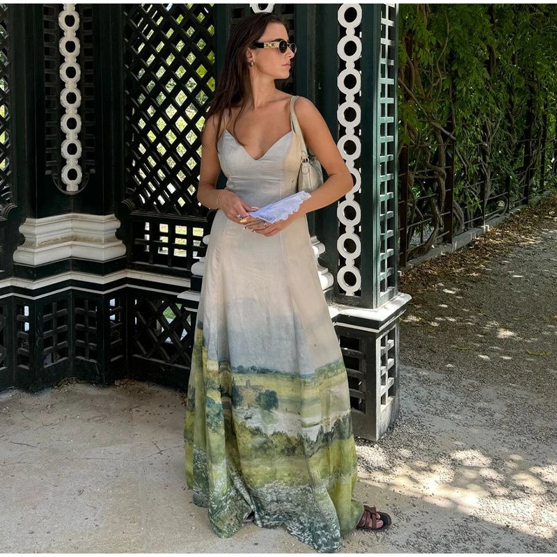 Elegant Printed Tighte Waist Women's Long Dress V-neck Slim A-line Robe 2025 Summer Beach Holiday Style Female's Long Dresses