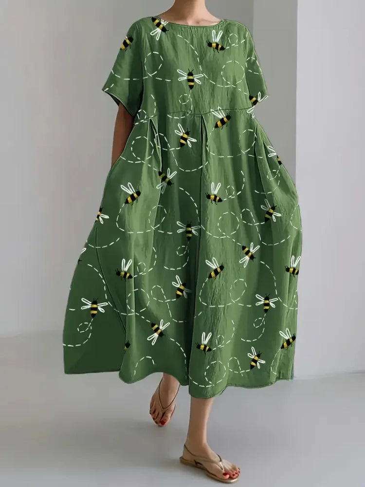 Cute Cat 3D Printed Round Neck Elegant Knee-length Dress Outdoor Holiday Casual Women's Long Dress Elegant Women's Long Dress
