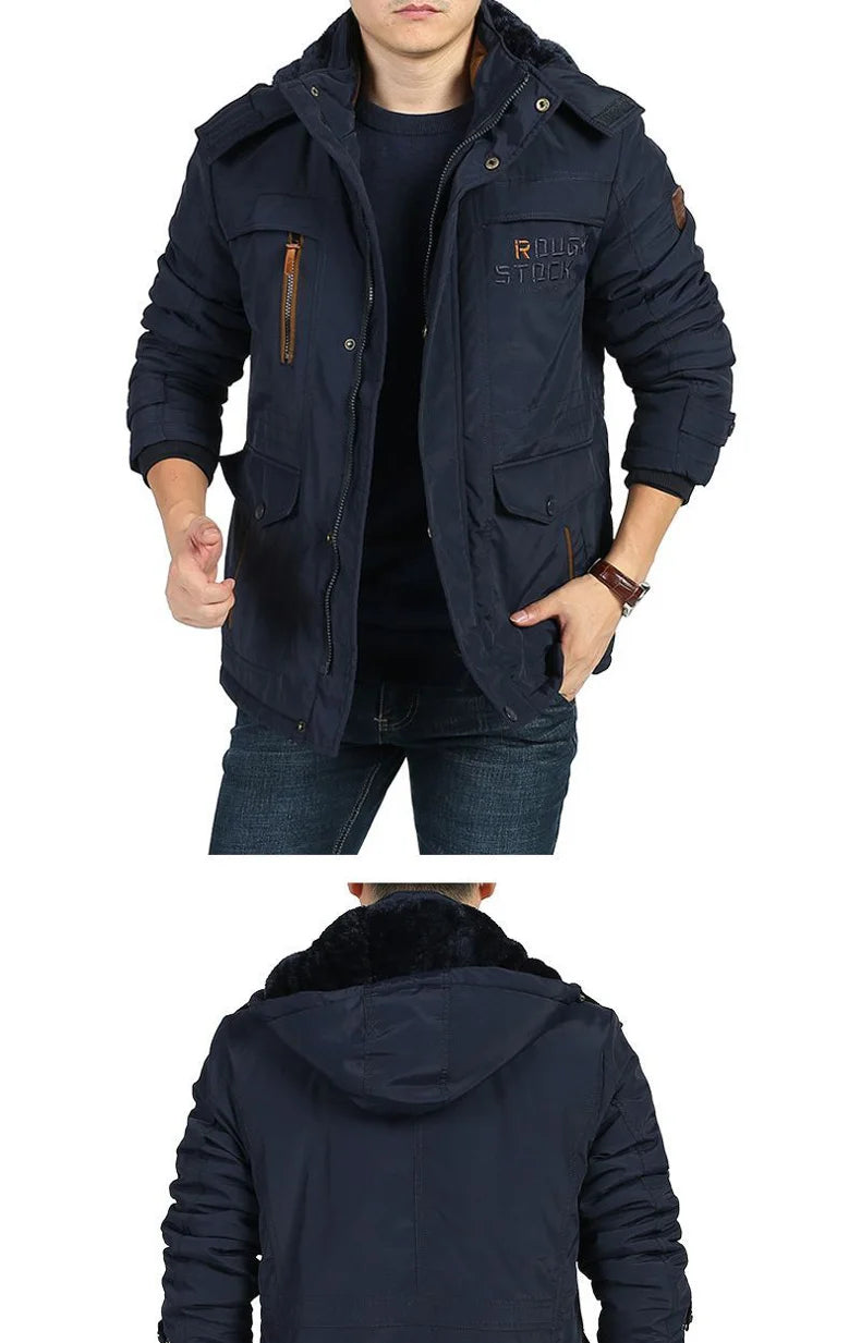 winter Parka Men's Multi-pocket Thickened Fleece-lined Cold-proof Padded Jacket Outdoor Camping Removable Cap Warm Men's Coat
