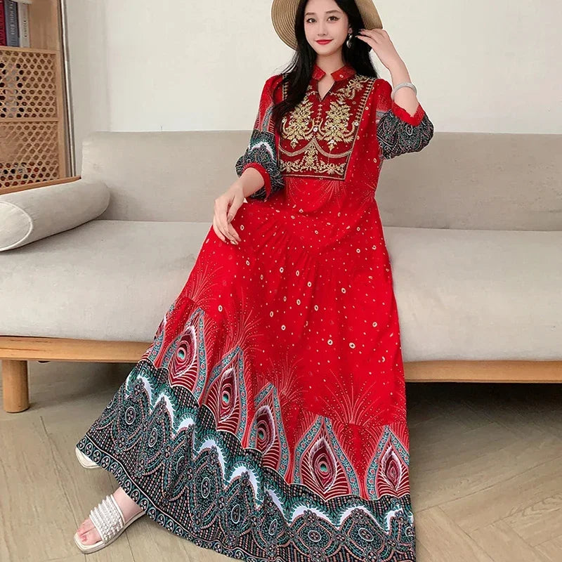 Summer Autumn Robe Maxi Long Dress Women Indian Clothes Boho Cotton Print Floral Boho Korean Style Fashion Casual Vestido Largos