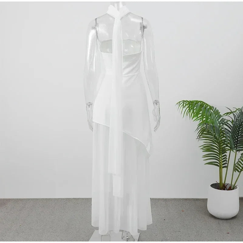 Elegant Yellow Gauze Off Shoulder Scarf Neack Long Dress Women Fashion Sleeveless A-line Vestido 2025 Summer Vocation Party Robe