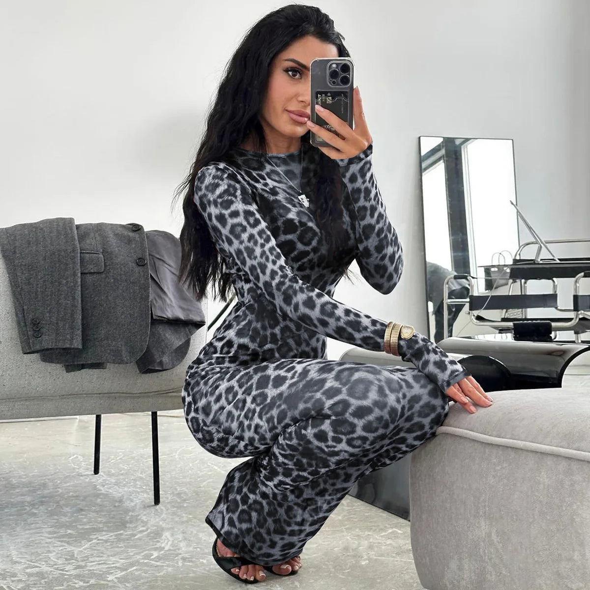 Hawthaw Women 2025 Summer Autumn Long Sleeve Leopard Mesh Party Club Streetwear Bodycon Long Dress Wholesale Items For Business